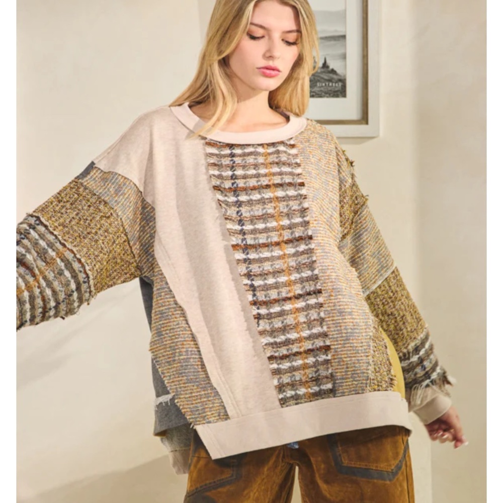 Oli & Hali Patchwork Knit Top in Cream, Mustard, Gray